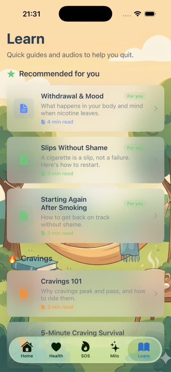 Learn tab — personalized articles on withdrawal, cravings, and recovery